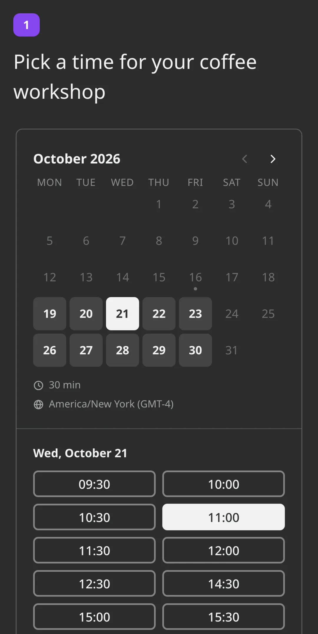 The Booking question in a survey: a month calendar with the free days, Wednesday the 21st picked and 11:00 selected above the Book button