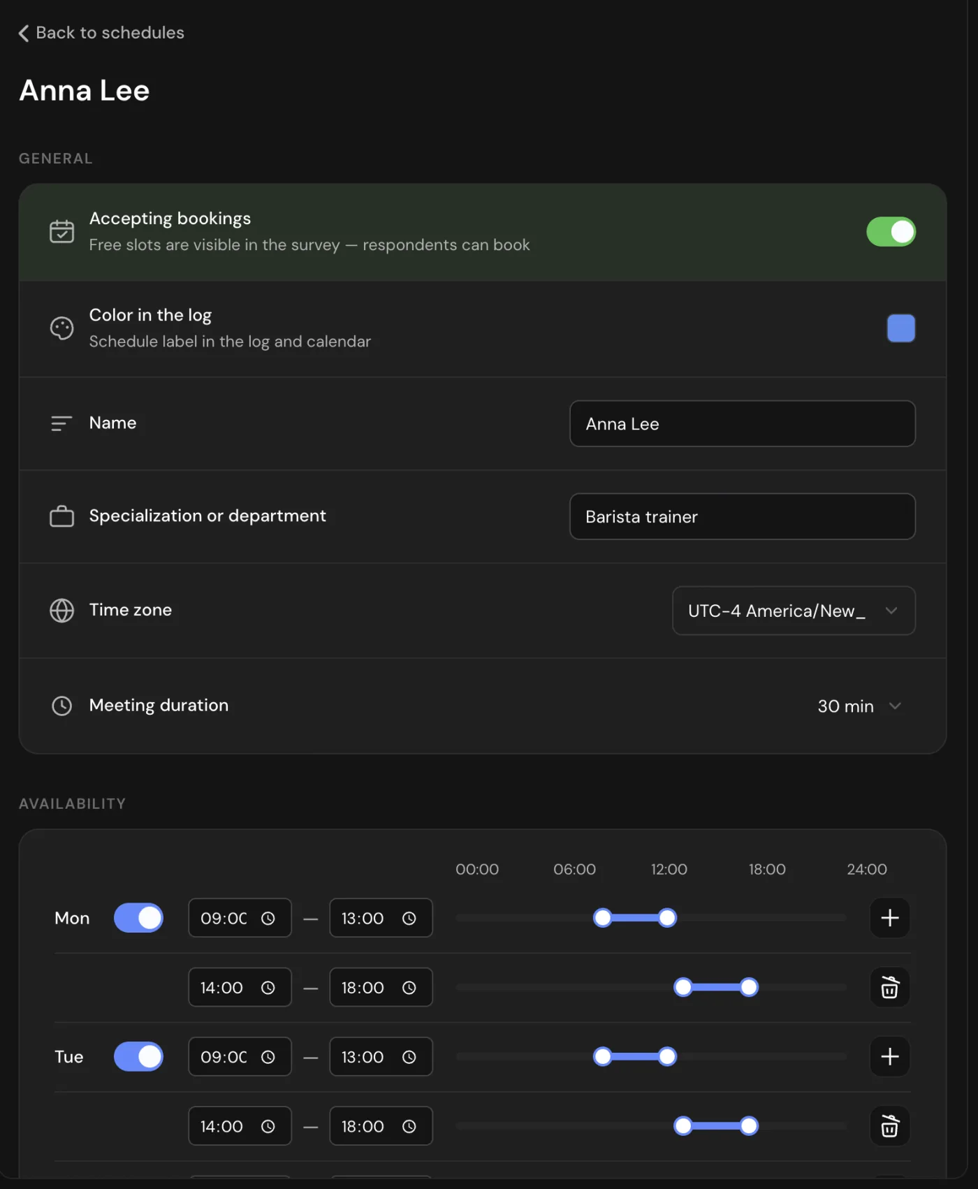 Schedule settings: accepting bookings, the color in the log, the name, the time zone, a 30-minute meeting and working hours from 9:00 to 13:00 and 14:00 to 18:00