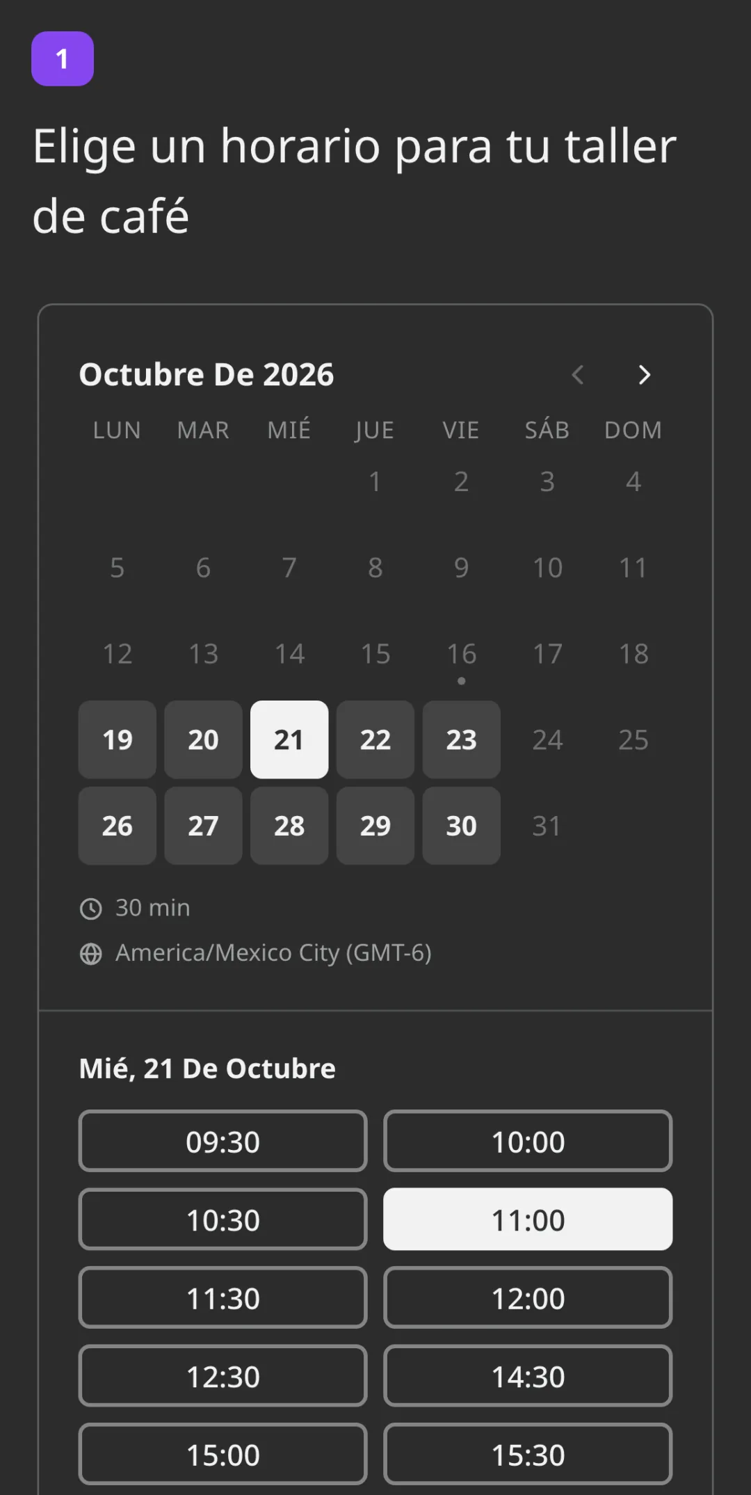 La pregunta de Reserva en una encuesta: un calendario del mes con los días libres, el miércoles 21 elegido y las 11:00 marcadas sobre el botón Reservar