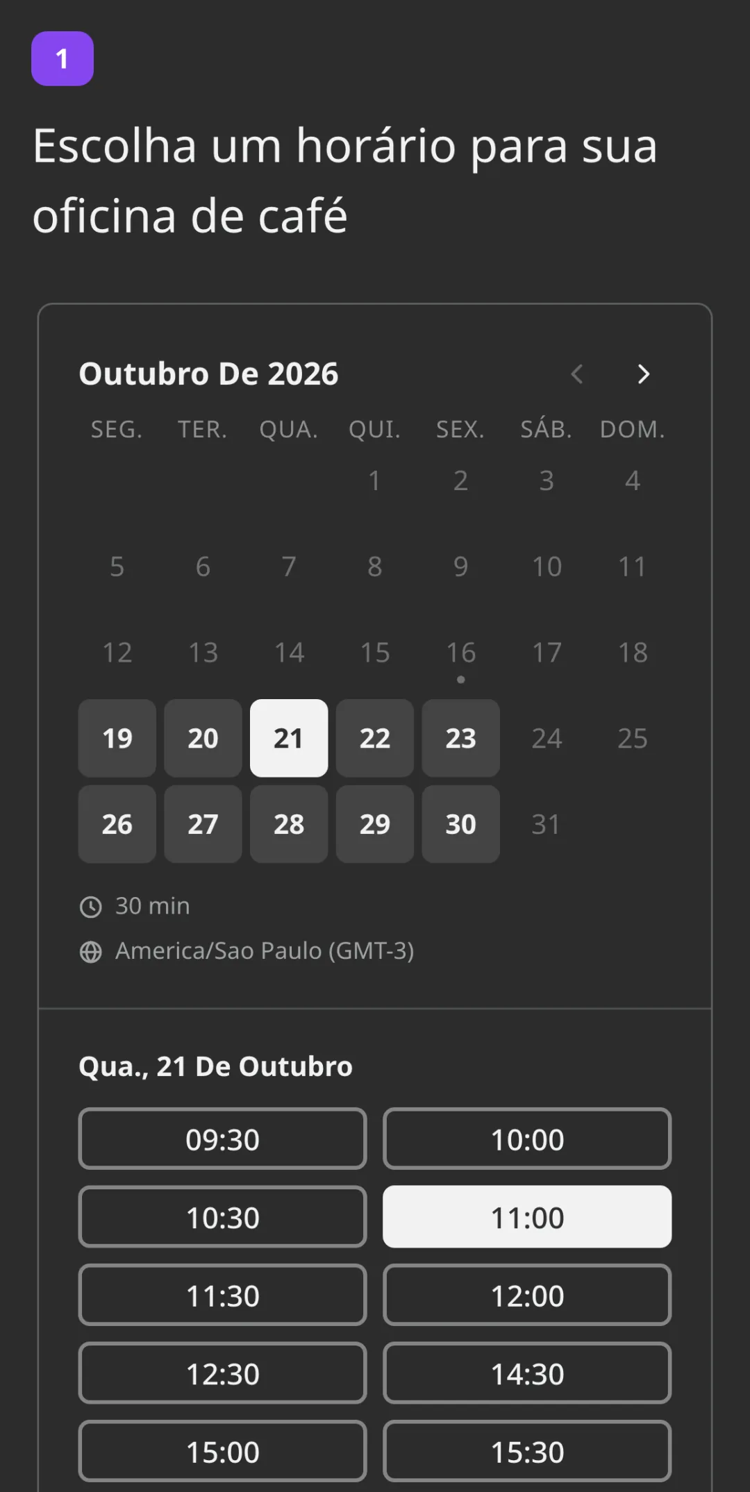 A pergunta de Agendamento numa pesquisa: um calendário do mês com os dias livres, a quarta-feira, dia 21, escolhida e 11:00 marcado acima do botão Agendar