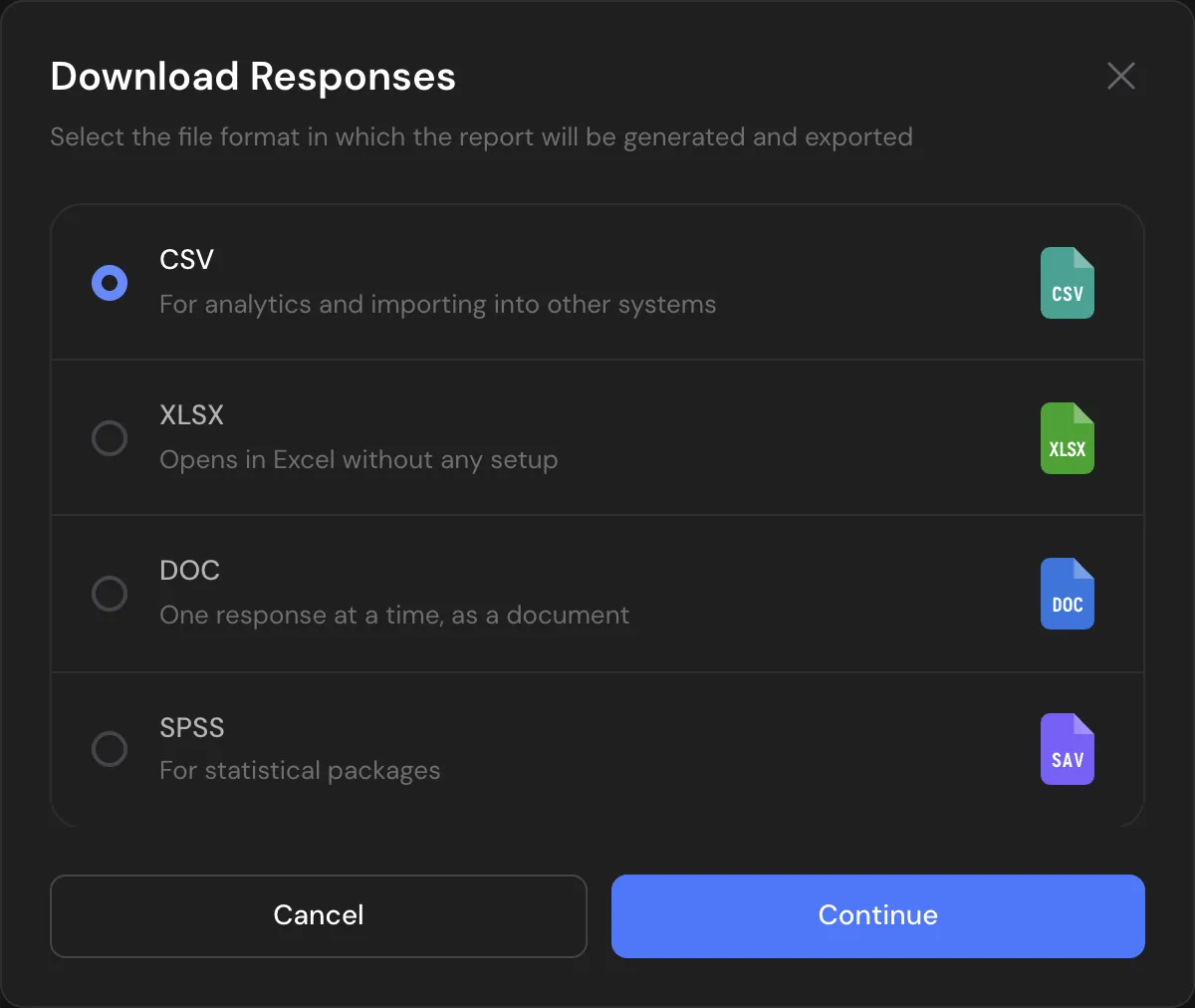 The export window with CSV, Excel and SPSS