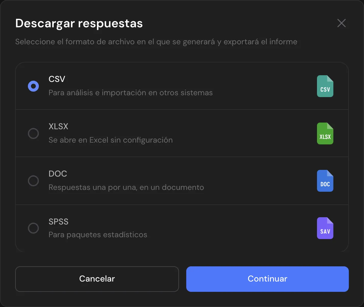 La ventana de exportación con CSV, Excel y SPSS