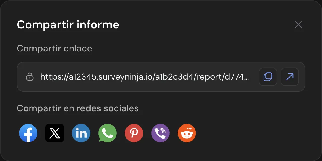 La ventana Compartir informe con el enlace y botones para Facebook, X, LinkedIn, WhatsApp, Pinterest, Viber y Reddit