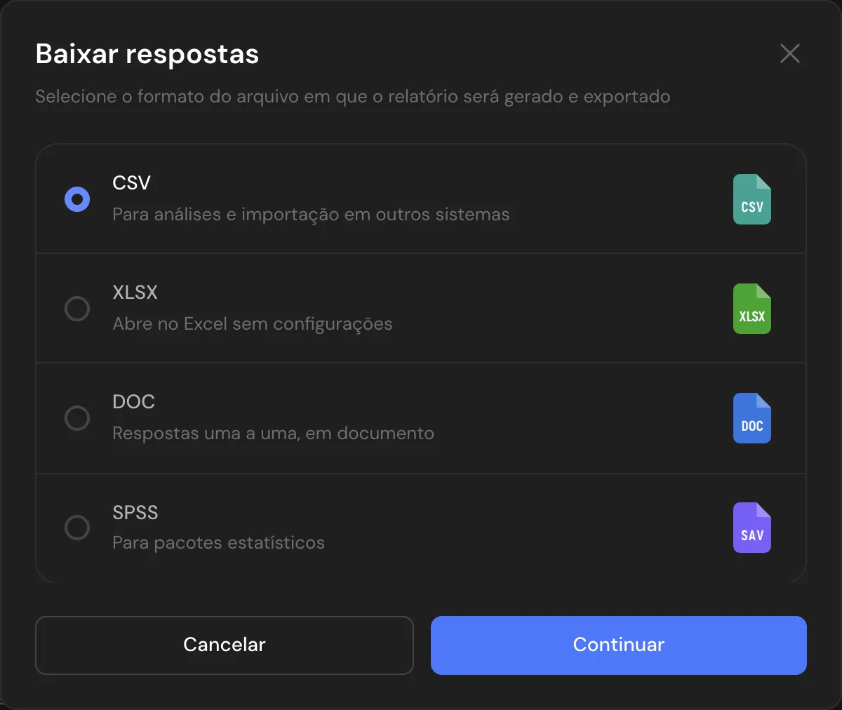 A janela de exportação com CSV, Excel e SPSS