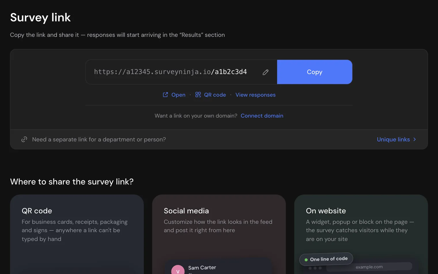 The survey link with the Copy button, and the QR code, social media and website cards