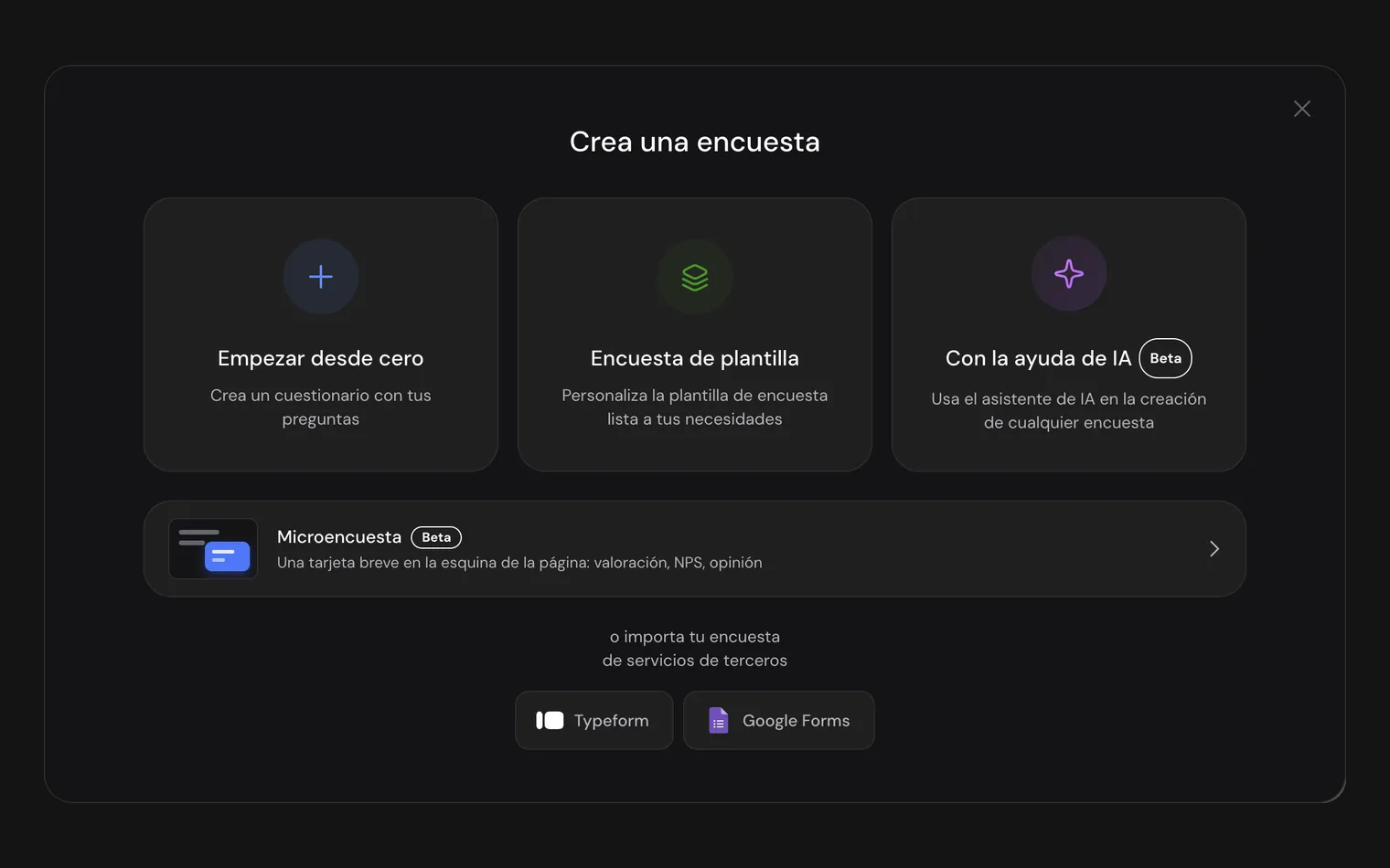 La ventana Crea una encuesta: desde cero, desde una plantilla o con IA, una microencuesta y la importación desde Typeform y Google Forms