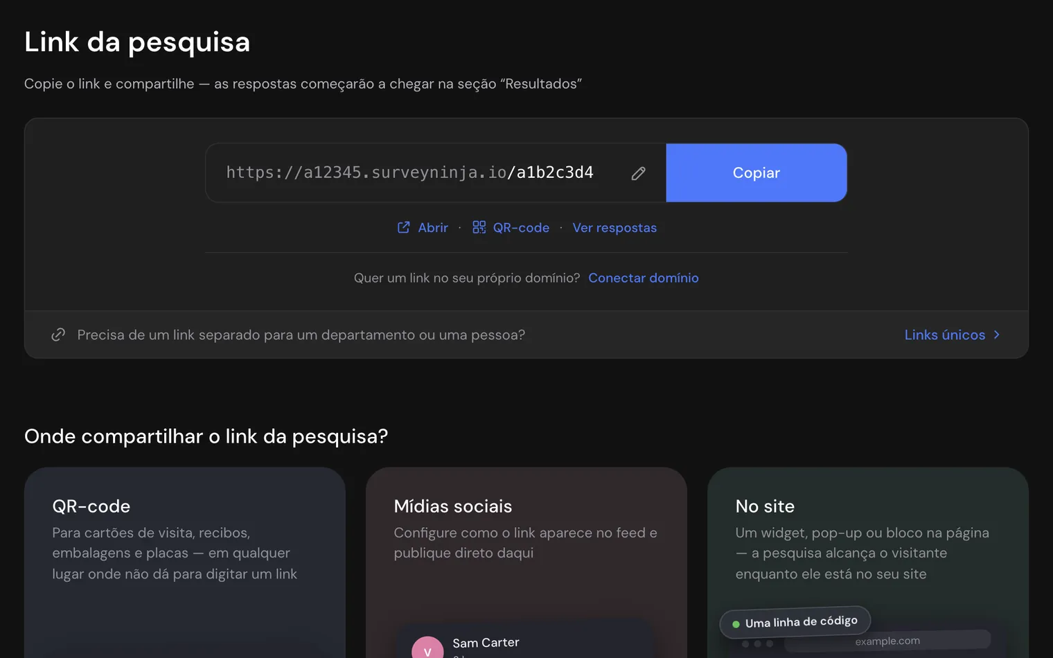 O link da pesquisa com o botão Copiar e os cartões de QR code, redes sociais e site