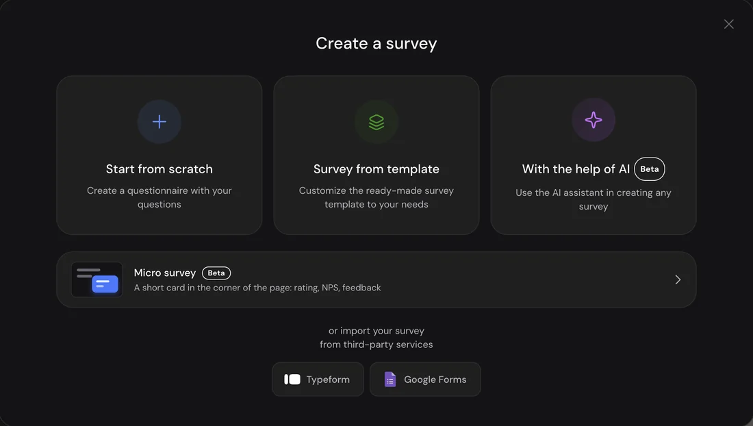 The Create a survey window in SurveyNinja: start from scratch, a template or AI, or import from Typeform or Google Forms