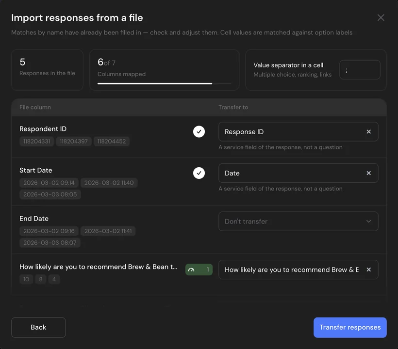 Uploading responses from a CSV file in SurveyNinja: file columns matched to questions, the response ID and the date