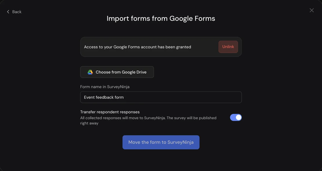 The Import forms from Google Forms window in SurveyNinja with the Transfer respondent responses switch turned on