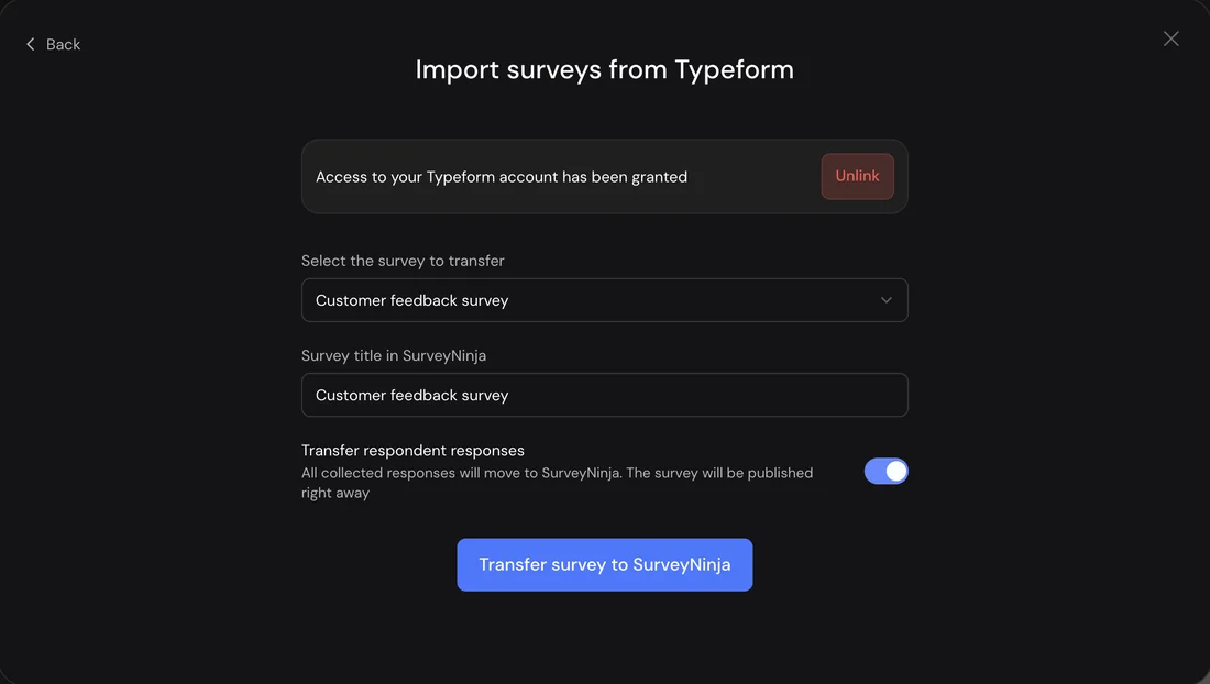 The Import surveys from Typeform window in SurveyNinja with the Transfer respondent responses switch turned on