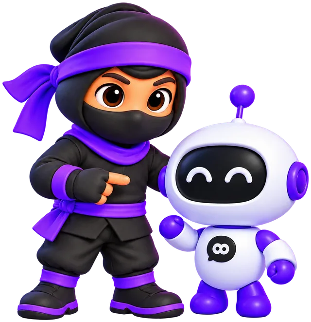 The SurveyNinja ninja and an AI robot turn survey answers into findings