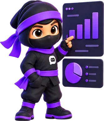 The ninja points at a chart and a pie chart