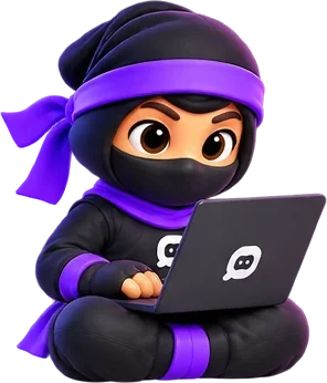 The ninja works on a laptop