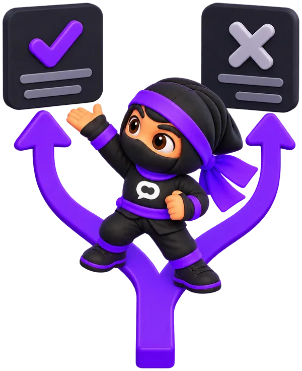 The ninja at a fork in the road, pointing at the branch with a check mark
