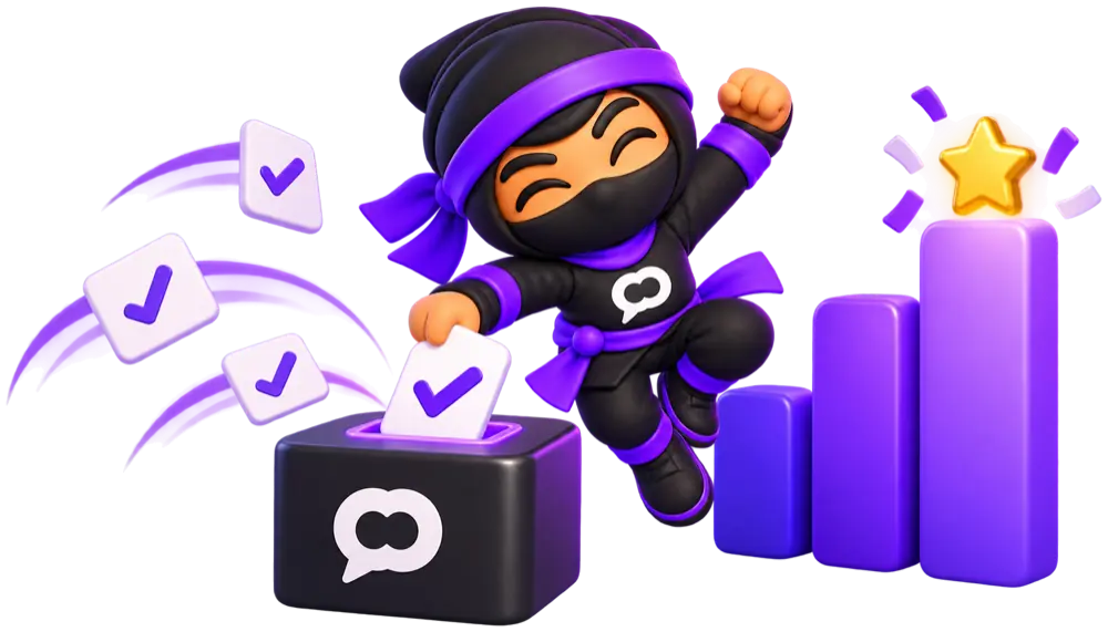 O ninja do SurveyNinja pula e coloca um voto na urna enquanto chegam mais votos, ao lado de um gráfico de barras com uma estrela dourada na barra mais alta