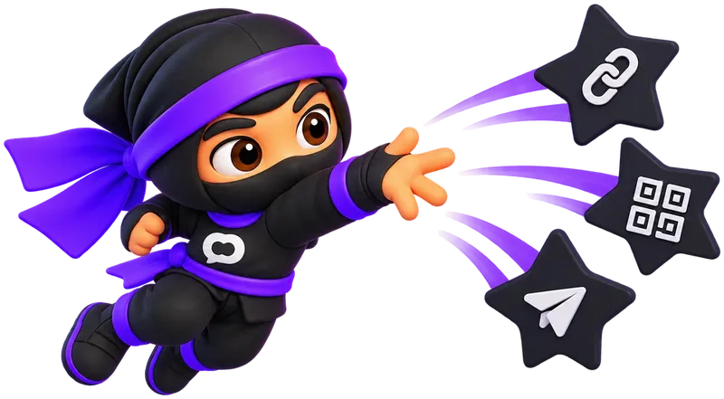 The ninja throwing stars with a link, a QR code and a paper plane