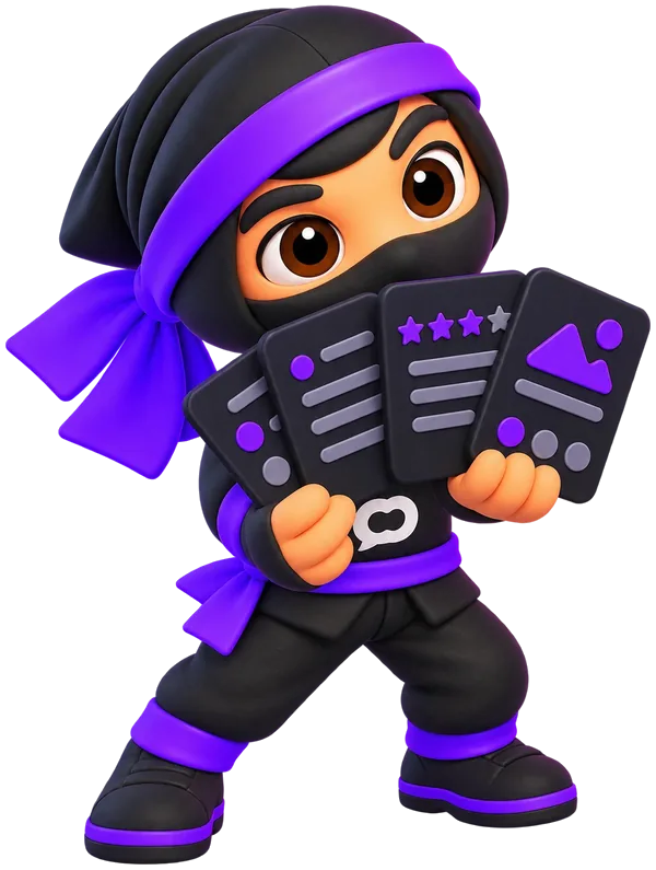 The ninja holding a fan of survey cards