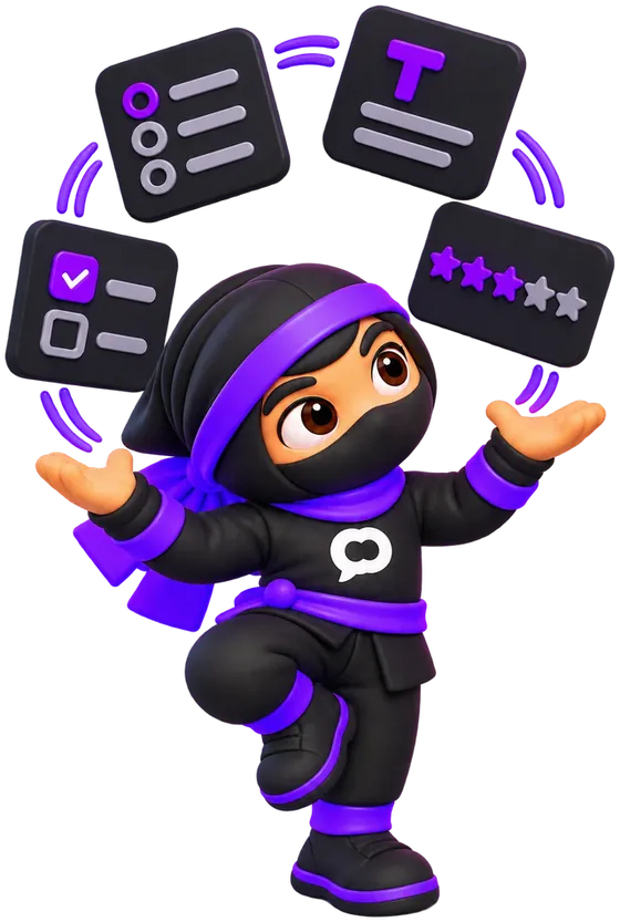 The ninja juggling question cards: a single choice, a heading, check boxes and a star rating