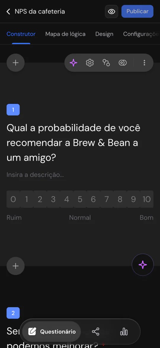 O editor de pesquisas no celular, com uma pergunta NPS