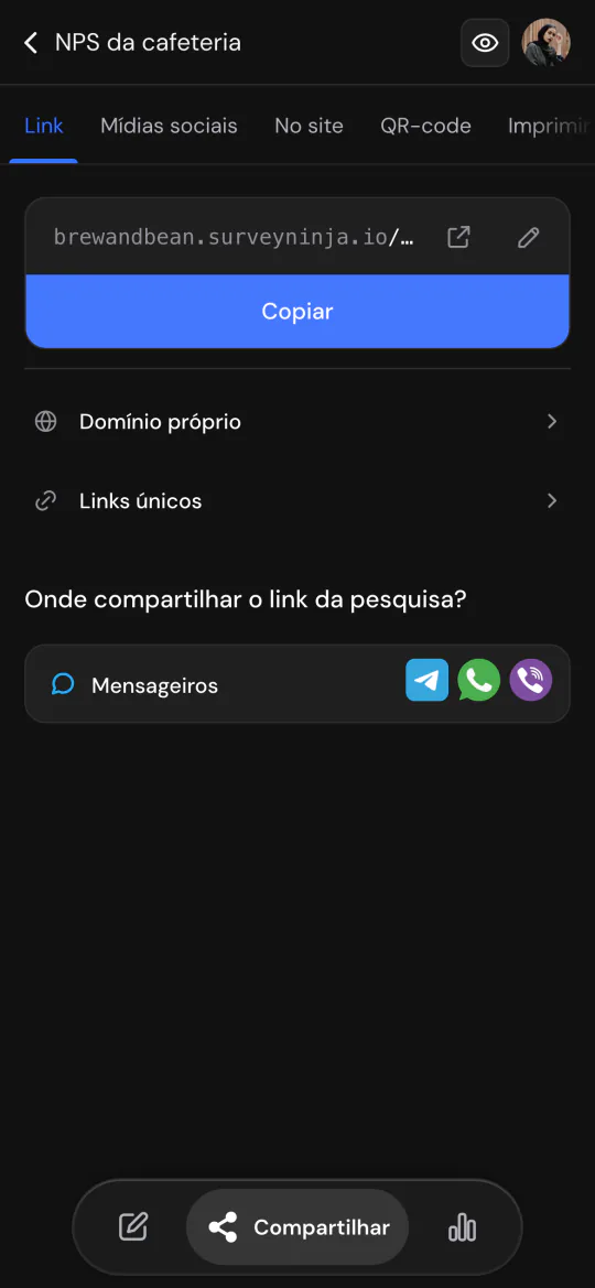 O link da pesquisa no celular, pronto para copiar